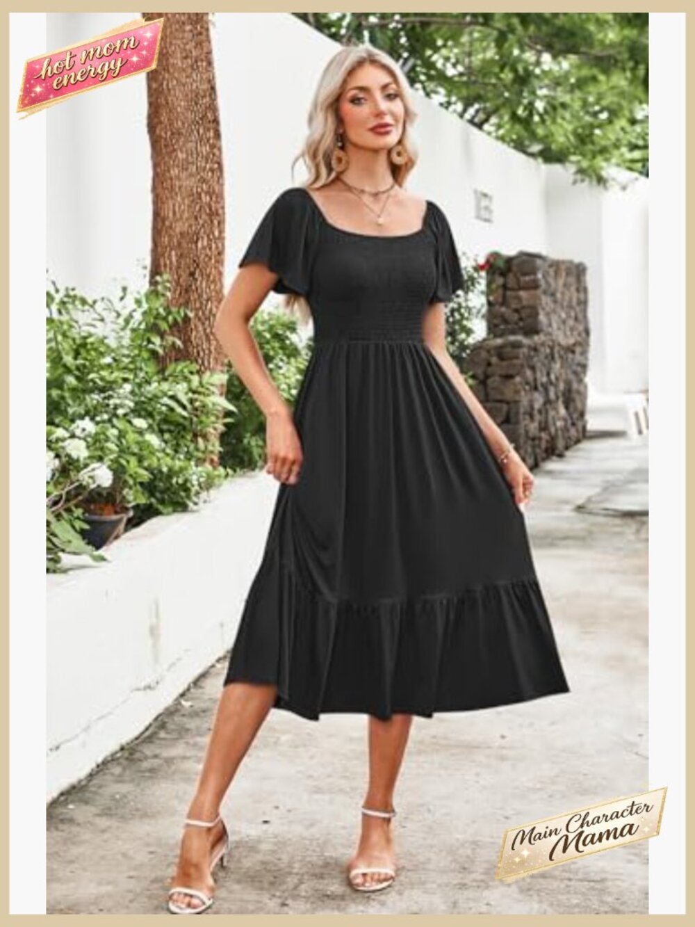 Square Neck Smocked Midi Dress Flutter Sleeve Empire Waist Summer Casual - Picture 2 of 7